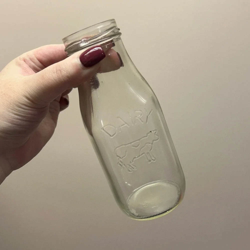Set of 4 Vintage Style Glass Milk Bottles Embossed Cow Dairy Farmhouse Decor